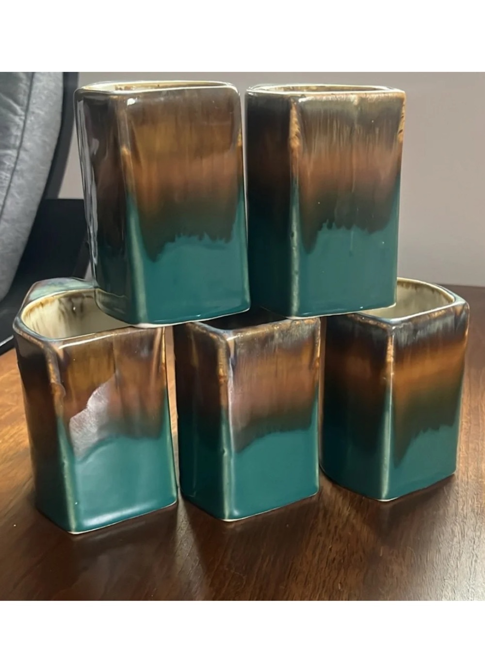 Set of 5 Vintage Rodolfo Padilla Stacking Mugs teal green brown drip glaze EUC